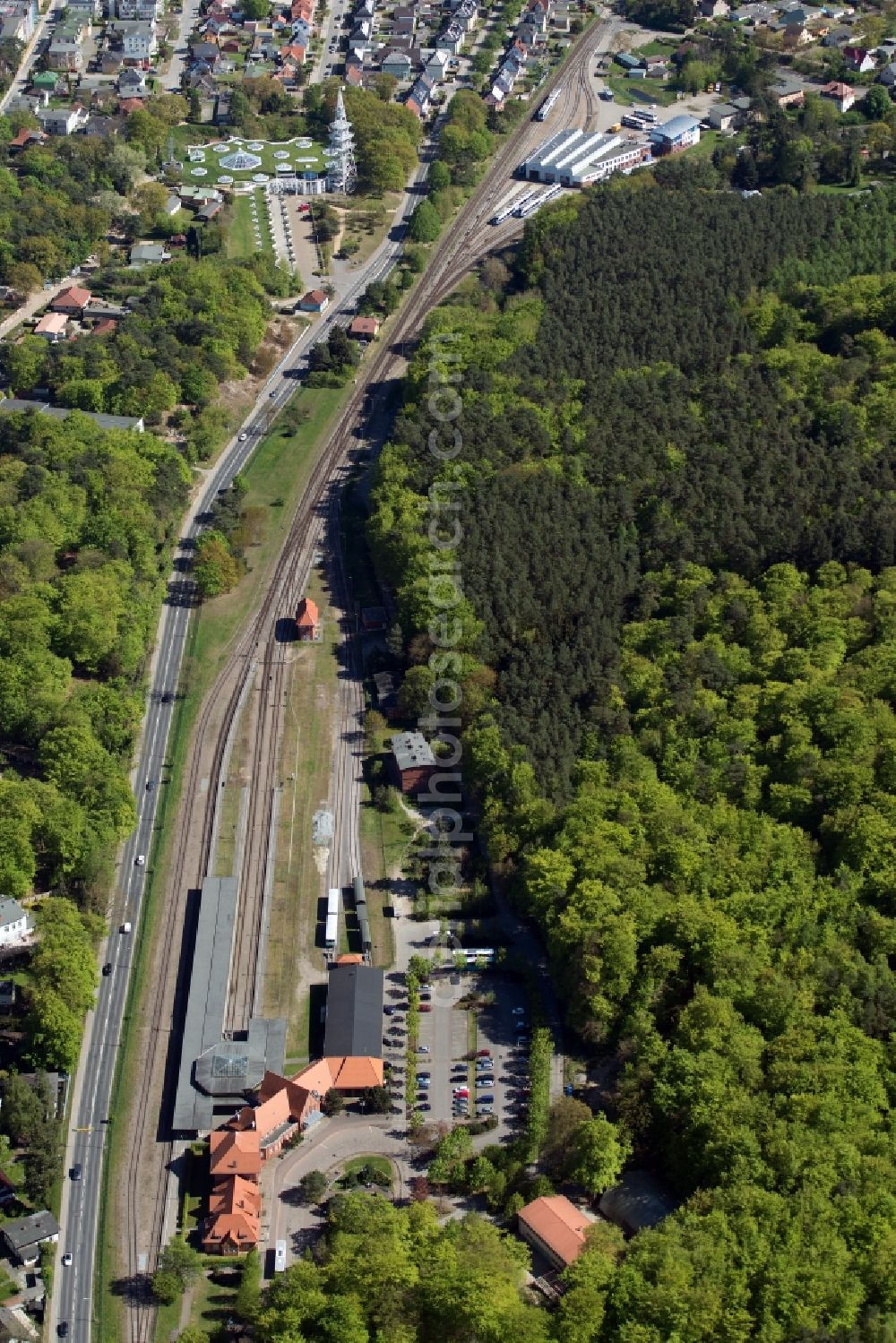 Heringsdorf from the bird's eye view: Station railway building of trainstation Seebad Heringsdorf of the Deutsche Bahn in the district Seebad Heringsdorf in Heringsdorf in the state Mecklenburg - Western Pomerania, Germany