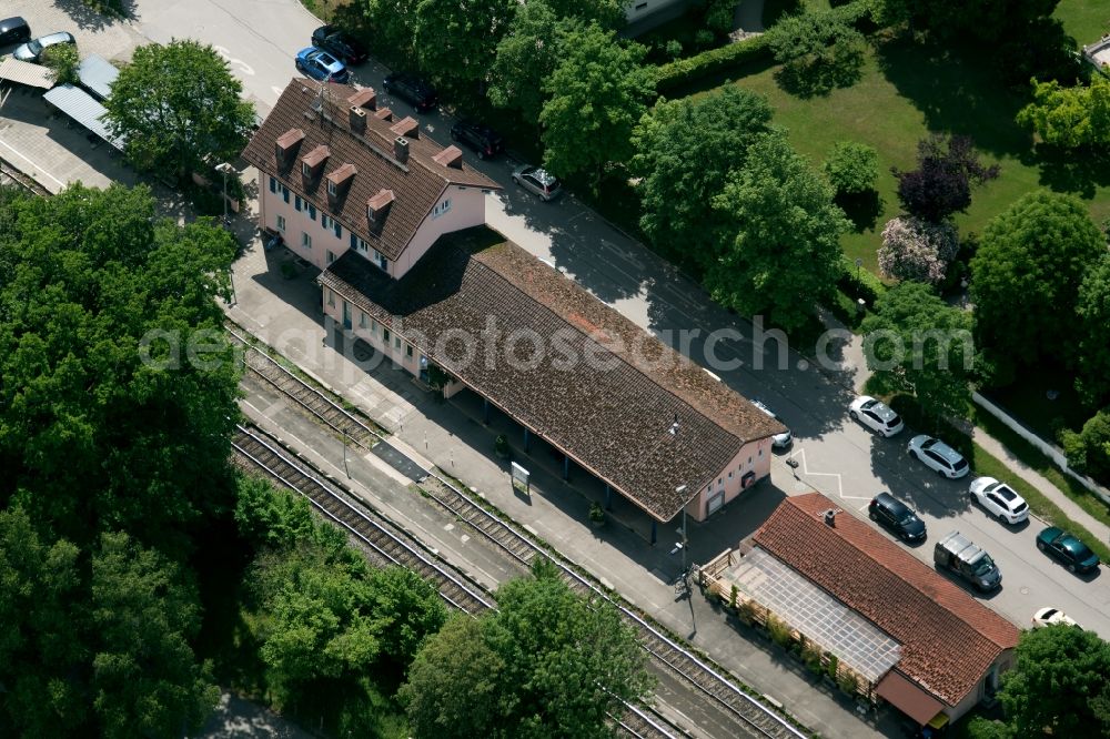 Utting am Ammersee from above - Station railway building of trainstation Utting of the Deutsche Bahn on Bahnhofplatz in Utting am Ammersee in the state Bavaria, Germany