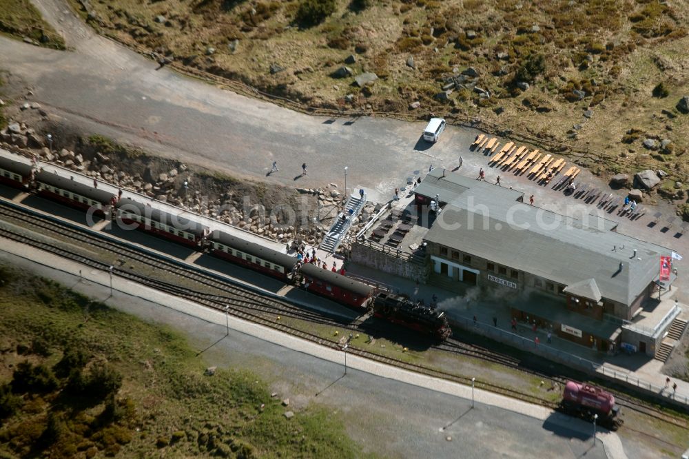 Schierke from the bird's eye view: Train station railway building Brockenbahn - Harzquerbahn - Harzer Schmalspurbahn in Schierke in the state Saxony-Anhalt, Germany