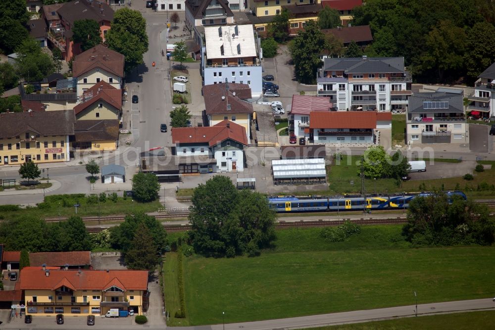 Bruckmühl from above - Train station railway building in Bruckmuehl in the state Bavaria, Germany