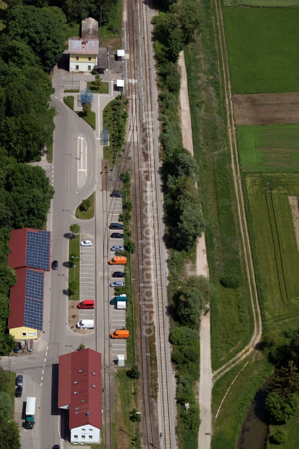 Aerial image Dasing - Train station railway building in Dasing in the state Bavaria, Germany