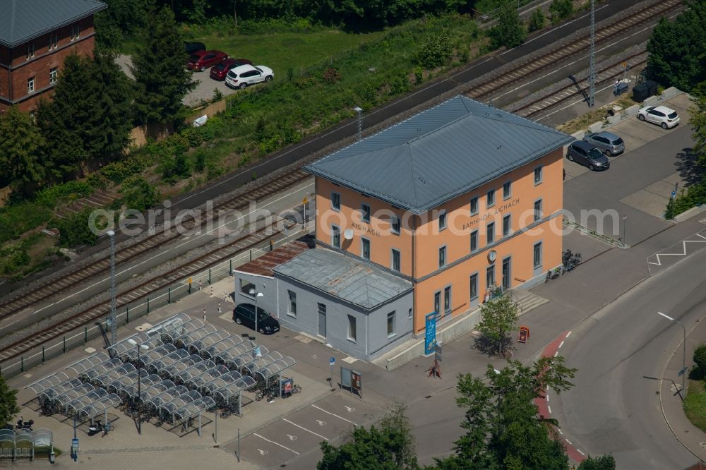 Aichach from above - Station railway building of the Deutsche Bahn in Aichach in the state Bavaria, Germany