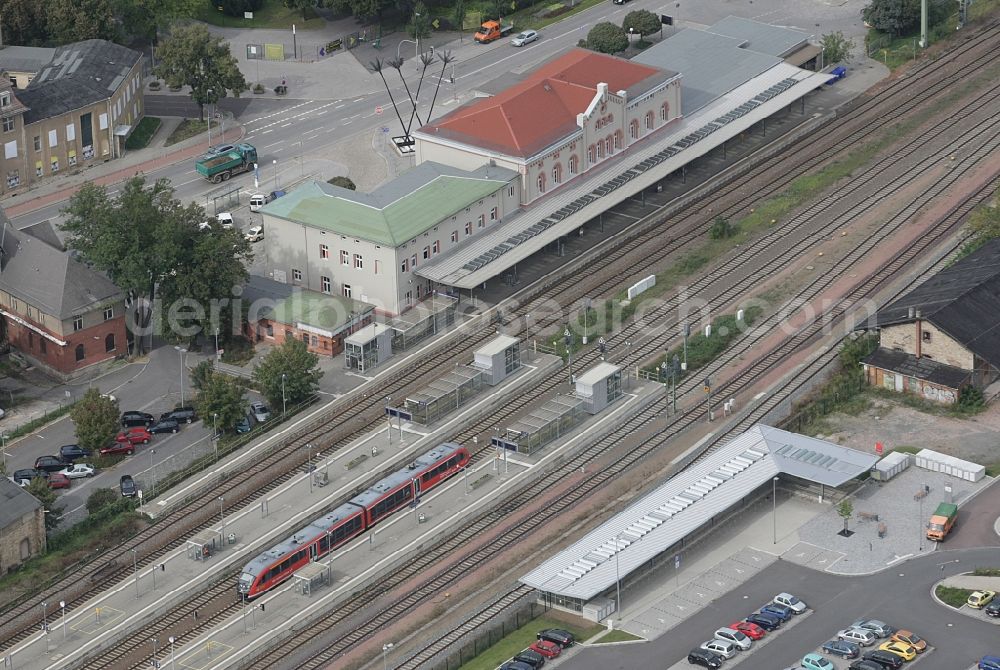Aschersleben from above - Station railway building of the Deutsche Bahn in Aschersleben in the state Saxony-Anhalt, Germany
