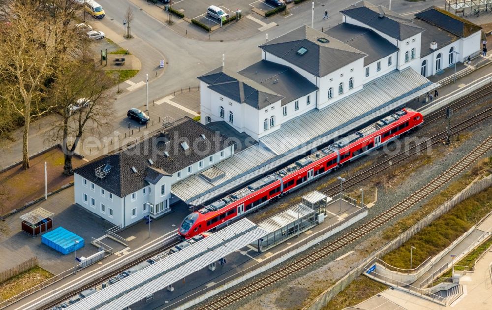 Arnsberg from above - Station railway building of the Deutsche Bahn in Arnsberg in the state North Rhine-Westphalia, Germany