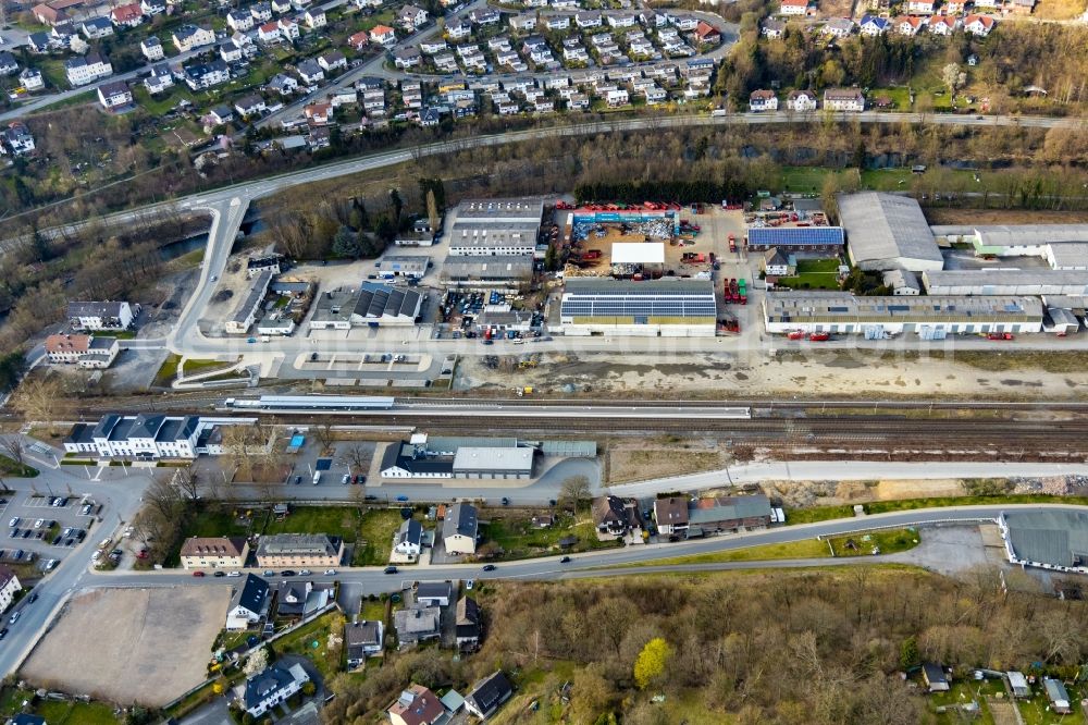 Arnsberg from above - Station railway building of the Deutsche Bahn in Arnsberg in the state North Rhine-Westphalia, Germany