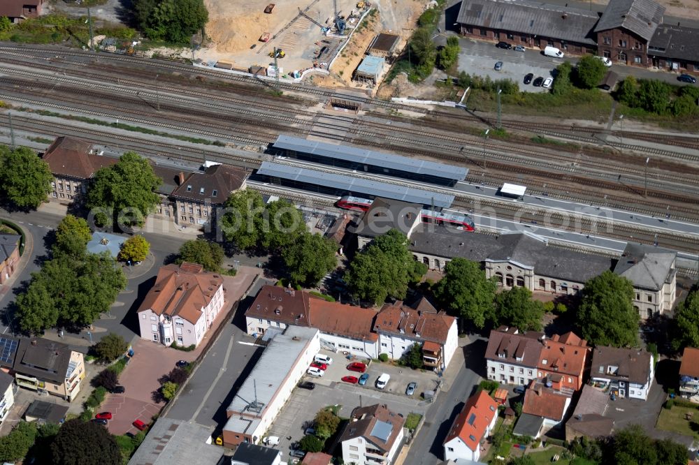 Lauda-Königshofen from above - Station railway building of the Deutsche Bahn in the Bahnhofstrasse in Lauda-Koenigshofen in the state Baden-Wurttemberg, Germany