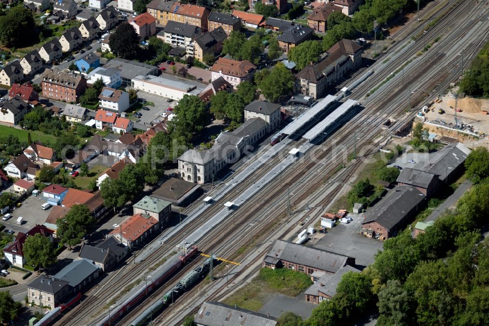 Lauda-Königshofen from the bird's eye view: Station railway building of the Deutsche Bahn in the Bahnhofstrasse in Lauda-Koenigshofen in the state Baden-Wurttemberg, Germany