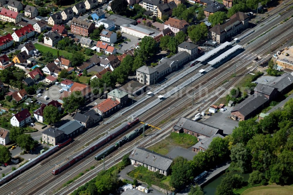 Aerial image Lauda-Königshofen - Station railway building of the Deutsche Bahn in the Bahnhofstrasse in Lauda-Koenigshofen in the state Baden-Wurttemberg, Germany