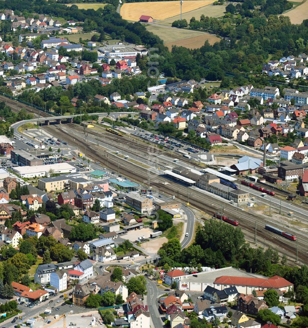 Bebra from above - Station railway building of the Deutsche Bahn in Bebra in the state Hesse, Germany