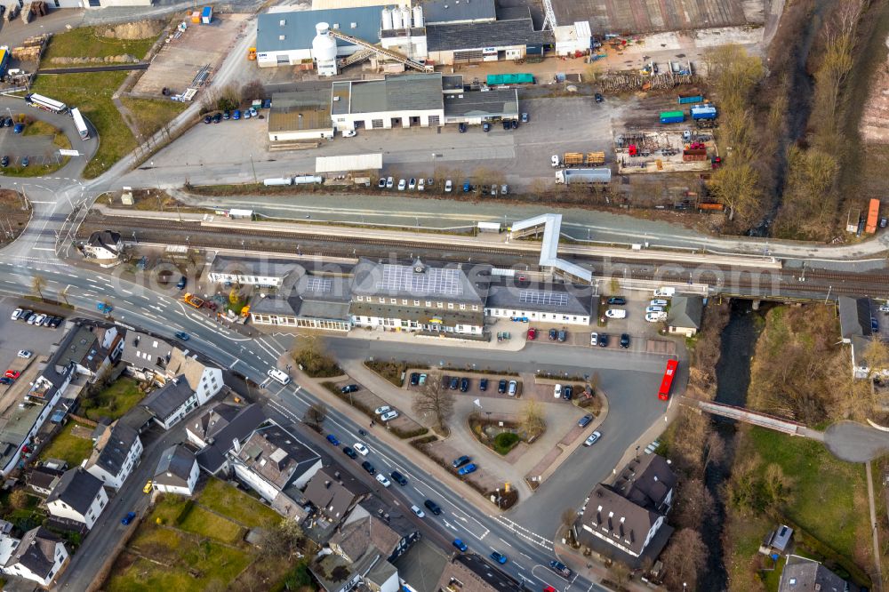 Bestwig from above - Station railway building of the Deutsche Bahn in Bestwig in the state North Rhine-Westphalia, Germany