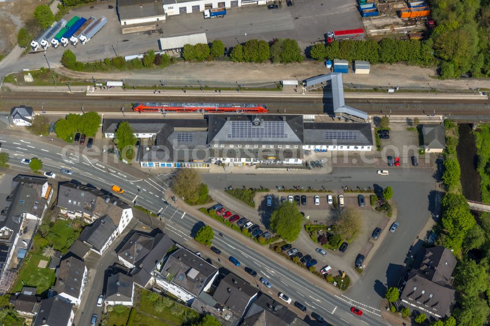 Bestwig from above - Station railway building of the Deutsche Bahn in Bestwig in the state North Rhine-Westphalia, Germany