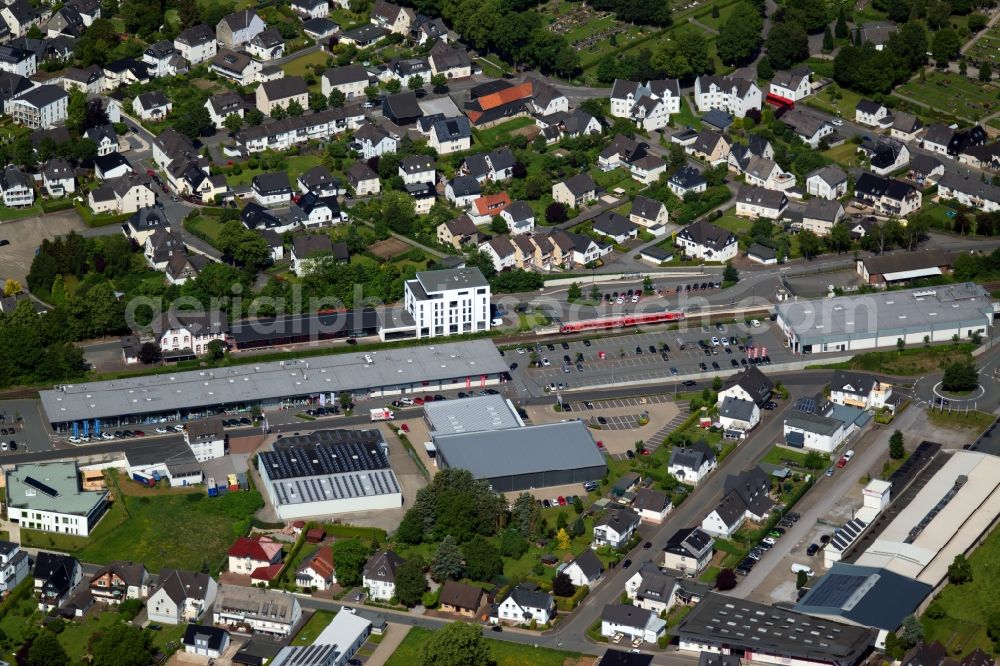 Brilon from above - Station railway building of the Deutsche Bahn in Brilon in the state North Rhine-Westphalia, Germany