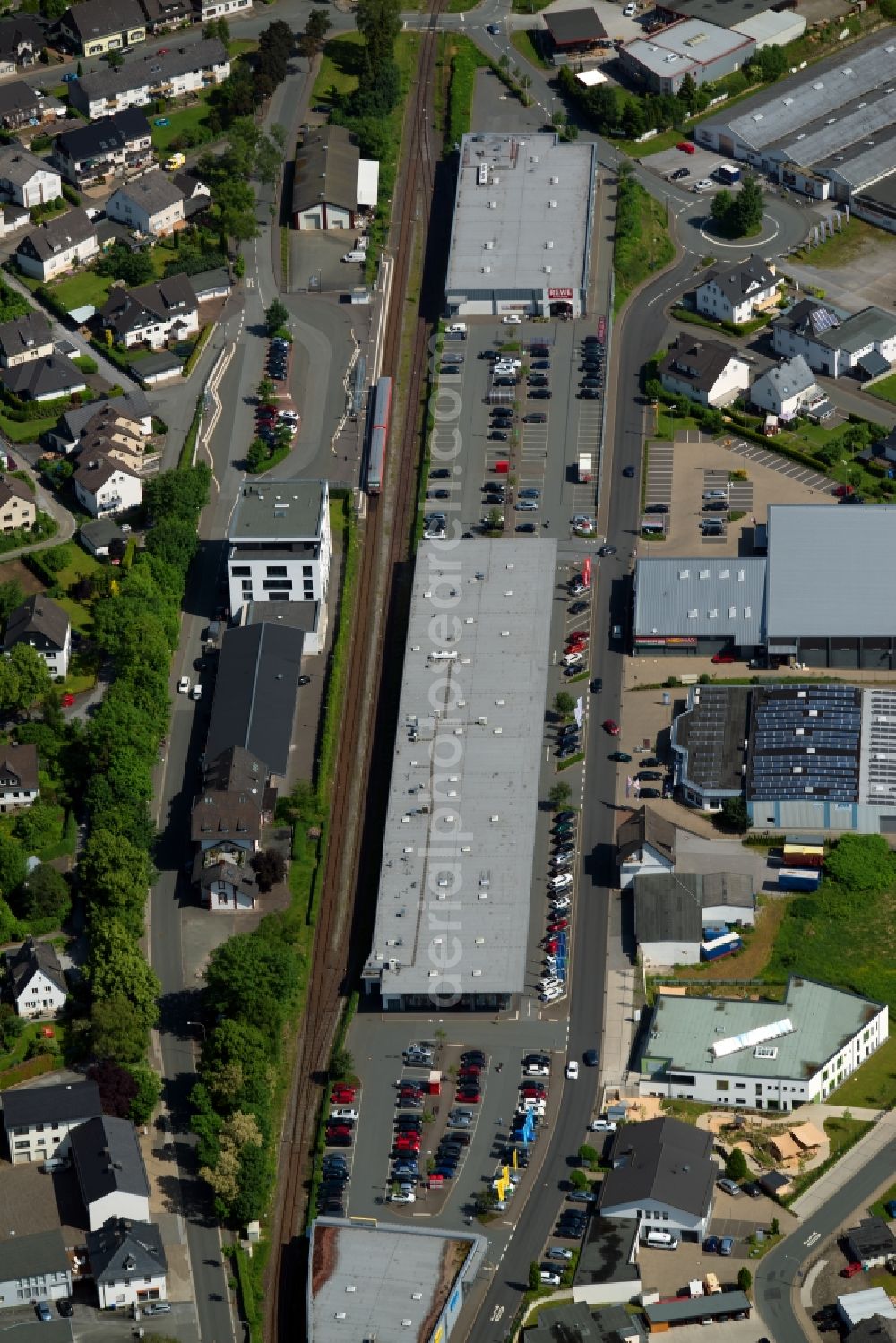 Brilon from above - Station railway building of the Deutsche Bahn in Brilon in the state North Rhine-Westphalia, Germany