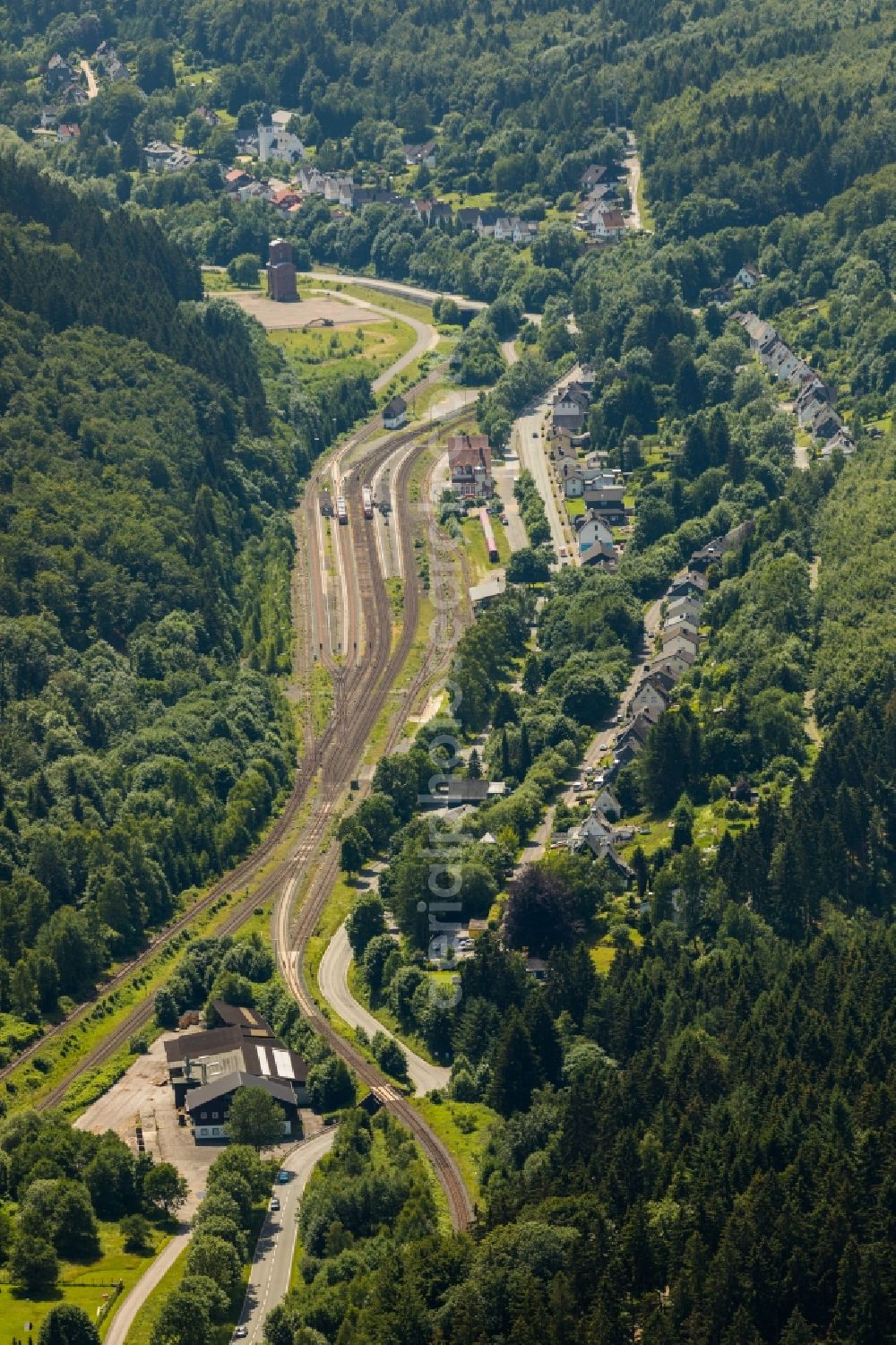 Brilon from above - Station railway building of the Deutsche Bahn in Brilon in the state North Rhine-Westphalia, Germany