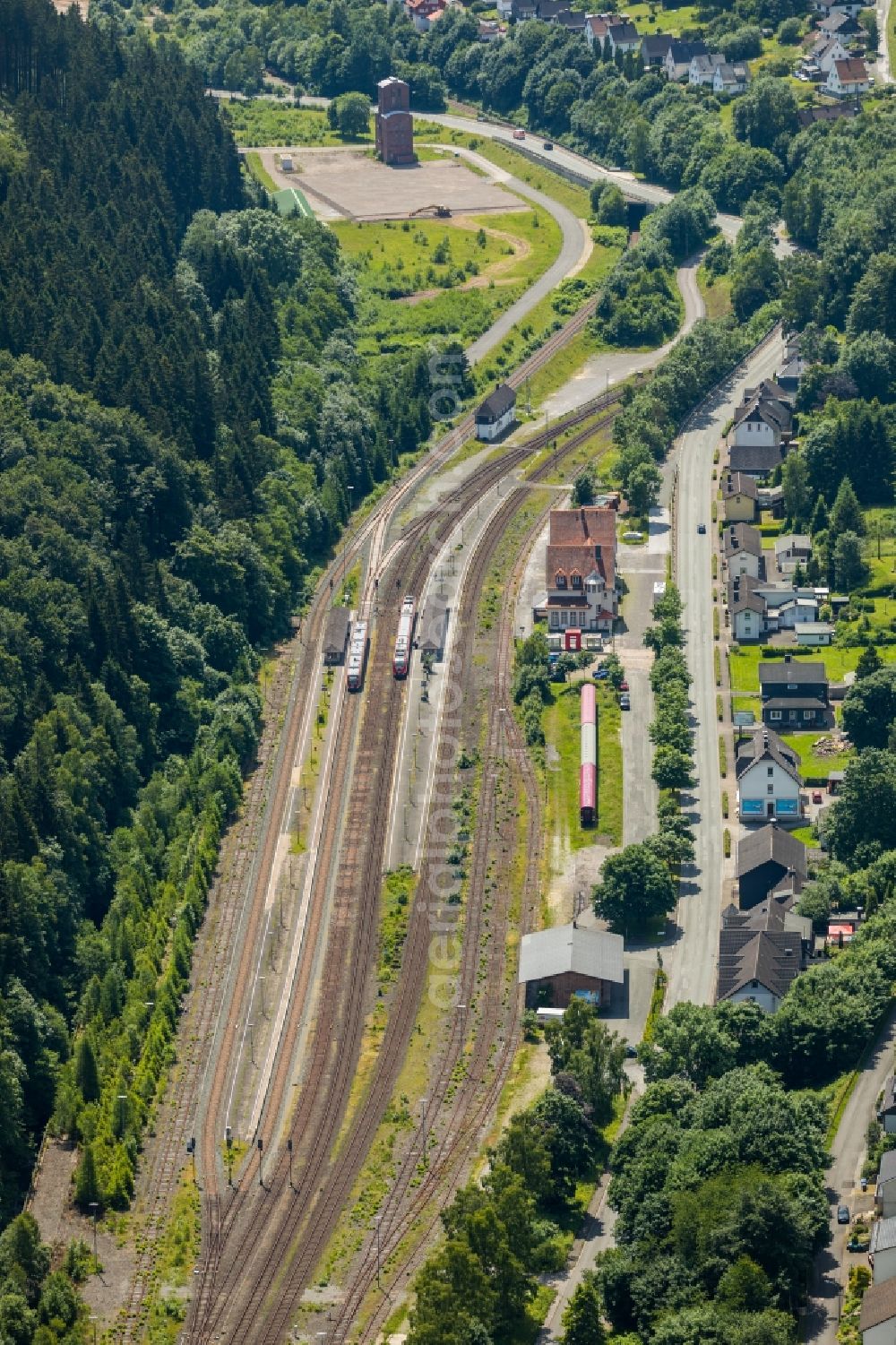 Brilon from above - Station railway building of the Deutsche Bahn in Brilon in the state North Rhine-Westphalia, Germany