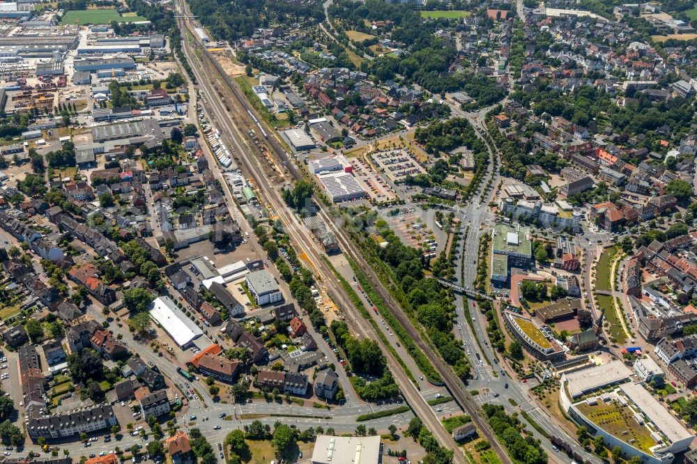 Dorsten from above - Station railway building of the Deutsche Bahn in Dorsten in the state North Rhine-Westphalia, Germany