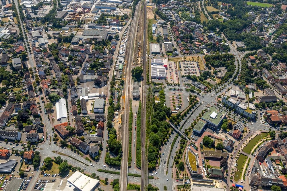 Dorsten from the bird's eye view: Station railway building of the Deutsche Bahn in Dorsten in the state North Rhine-Westphalia, Germany