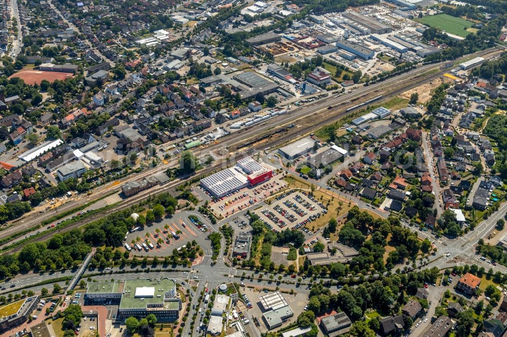 Aerial image Dorsten - Station railway building of the Deutsche Bahn in Dorsten in the state North Rhine-Westphalia, Germany