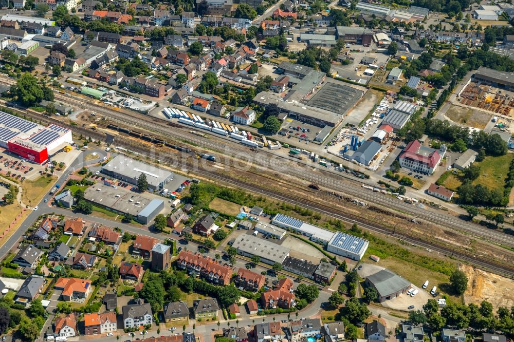 Dorsten from above - Station railway building of the Deutsche Bahn in Dorsten in the state North Rhine-Westphalia, Germany