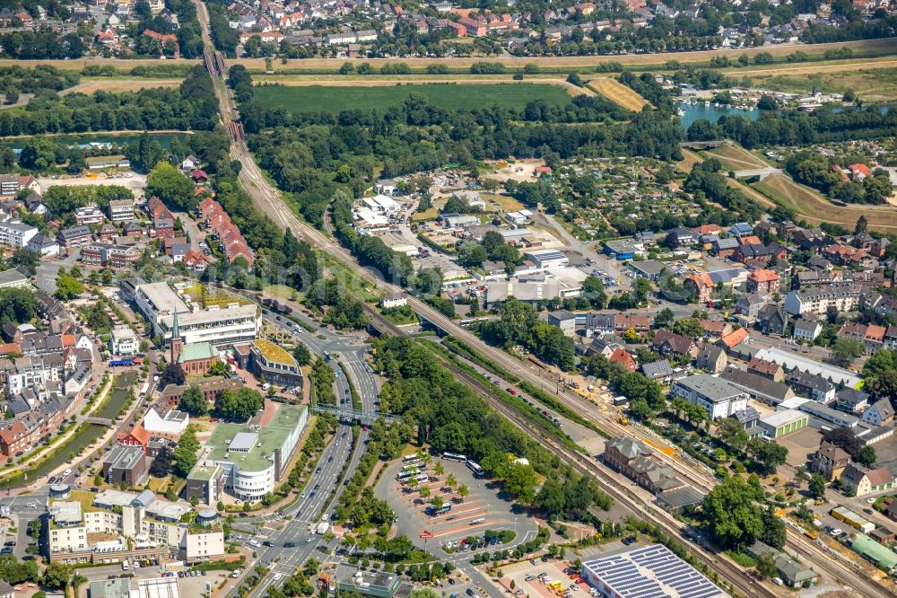 Aerial image Dorsten - Station railway building of the Deutsche Bahn in Dorsten in the state North Rhine-Westphalia, Germany