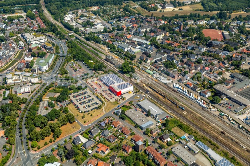 Aerial photograph Dorsten - Station railway building of the Deutsche Bahn in Dorsten in the state North Rhine-Westphalia, Germany