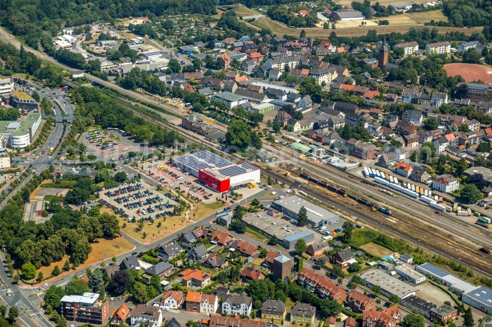 Dorsten from above - Station railway building of the Deutsche Bahn in Dorsten in the state North Rhine-Westphalia, Germany