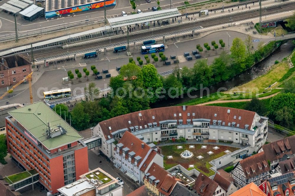 Aerial image Emmendingen - Station railway building of the Deutsche Bahn in Emmendingen in the state Baden-Wurttemberg, Germany