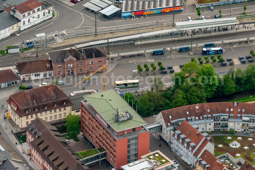 Emmendingen from above - Station railway building of the Deutsche Bahn in Emmendingen in the state Baden-Wurttemberg, Germany