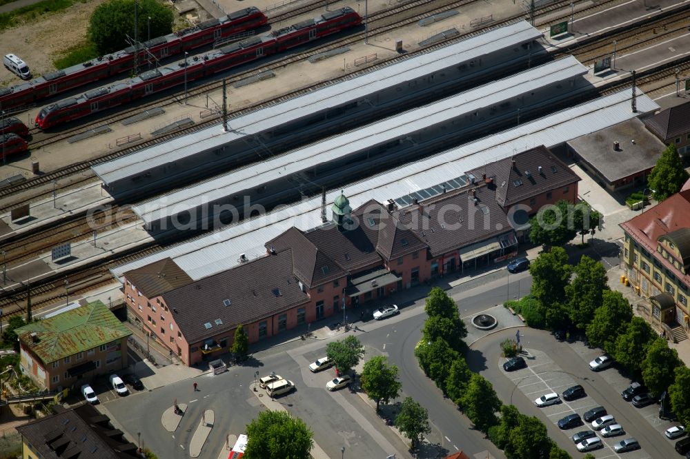 Garmisch-Partenkirchen from above - Station railway building of the Deutsche Bahn in Garmisch-Partenkirchen in the state Bavaria, Germany