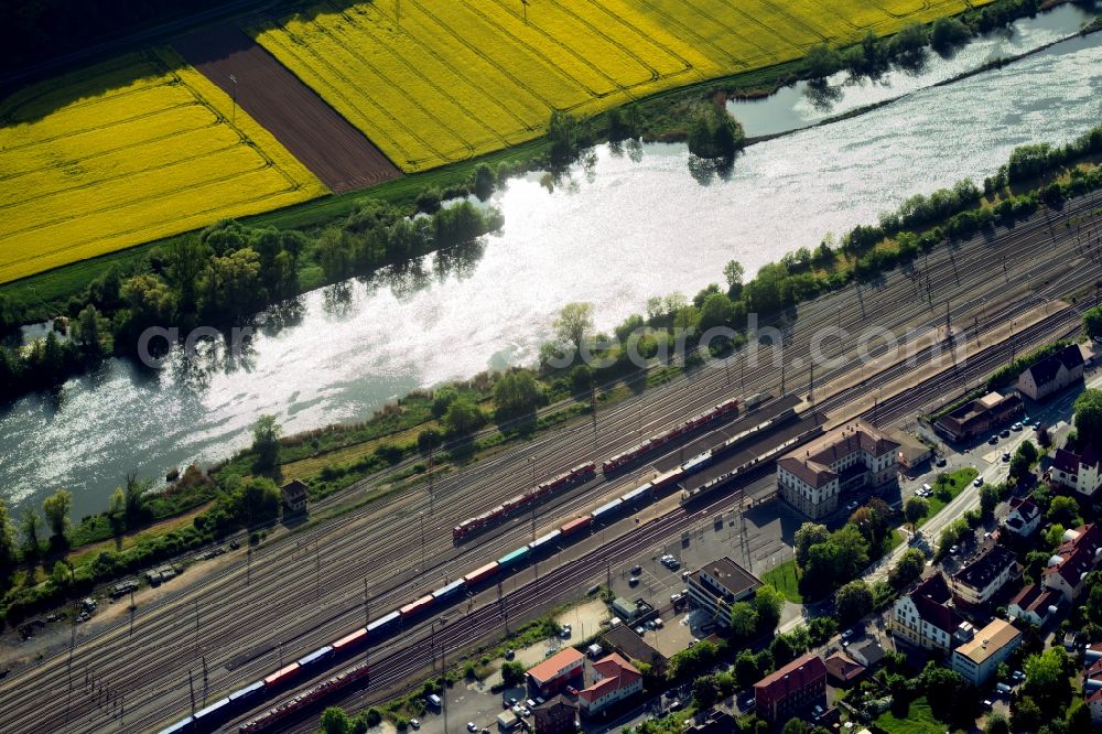 Gemünden am Main from above - Station railway building of the Deutsche Bahn in Gemuenden am Main in the state Bavaria, Germany