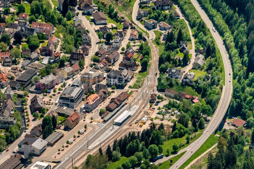 Titisee-Neustadt from above - Station railway building of the Deutsche Bahn and Gleisanlagen in Titisee-Neustadt in the state Baden-Wurttemberg, Germany