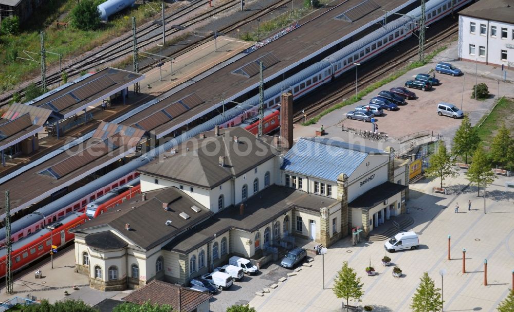 Gotha from above - Station railway building of the Deutsche Bahn in Gotha in the state Thuringia