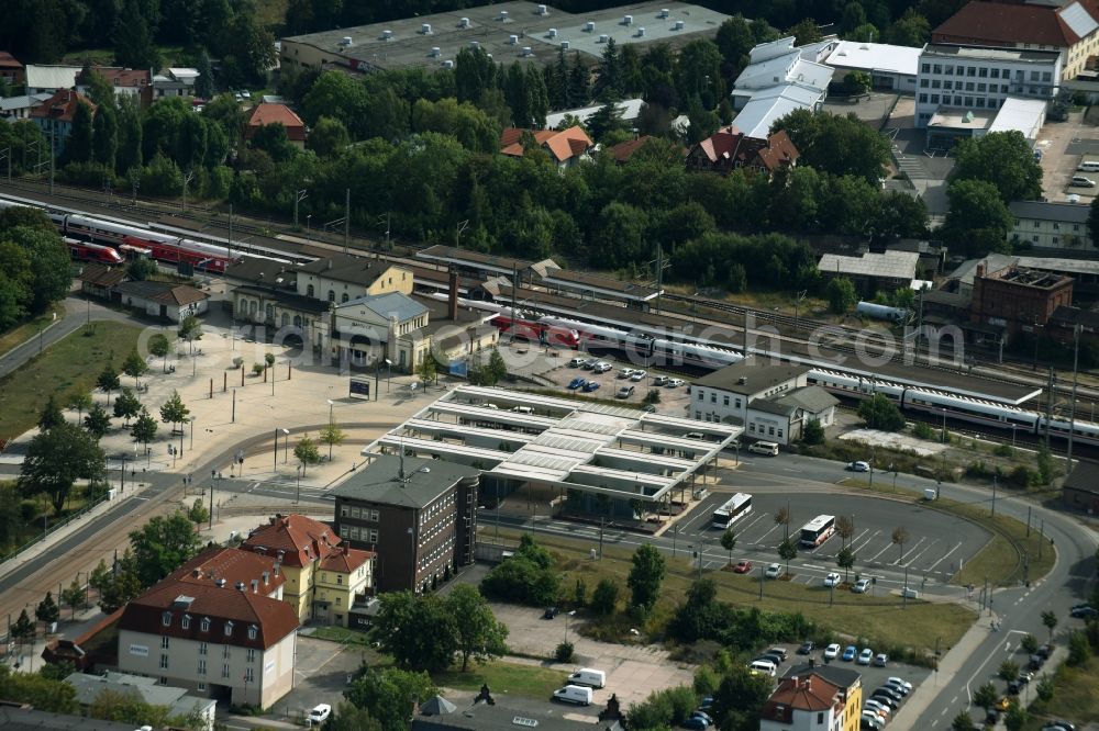 Gotha from above - Station railway building of the Deutsche Bahn in Gotha in the state Thuringia