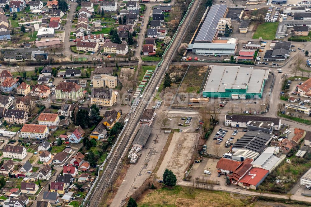 Aerial image Herbolzheim - Station railway building of the Deutsche Bahn in Herbolzheim in the state Baden-Wurttemberg, Germany