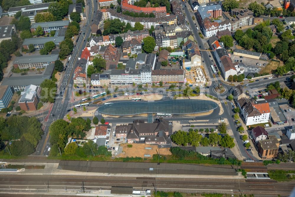 Herne from the bird's eye view: Station railway building of the Deutsche Bahn in Herne in the state North Rhine-Westphalia, Germany