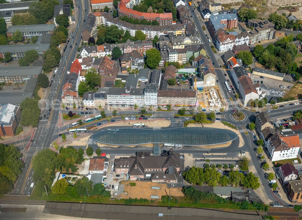 Aerial image Herne - Station railway building of the Deutsche Bahn in Herne in the state North Rhine-Westphalia, Germany