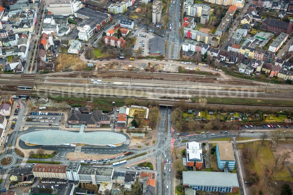 Aerial photograph Herne - Station railway building of the Deutsche Bahn in Herne in the state North Rhine-Westphalia, Germany