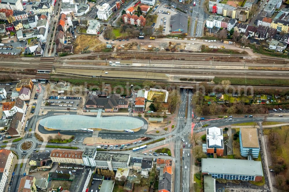 Herne from above - Station railway building of the Deutsche Bahn in Herne in the state North Rhine-Westphalia, Germany