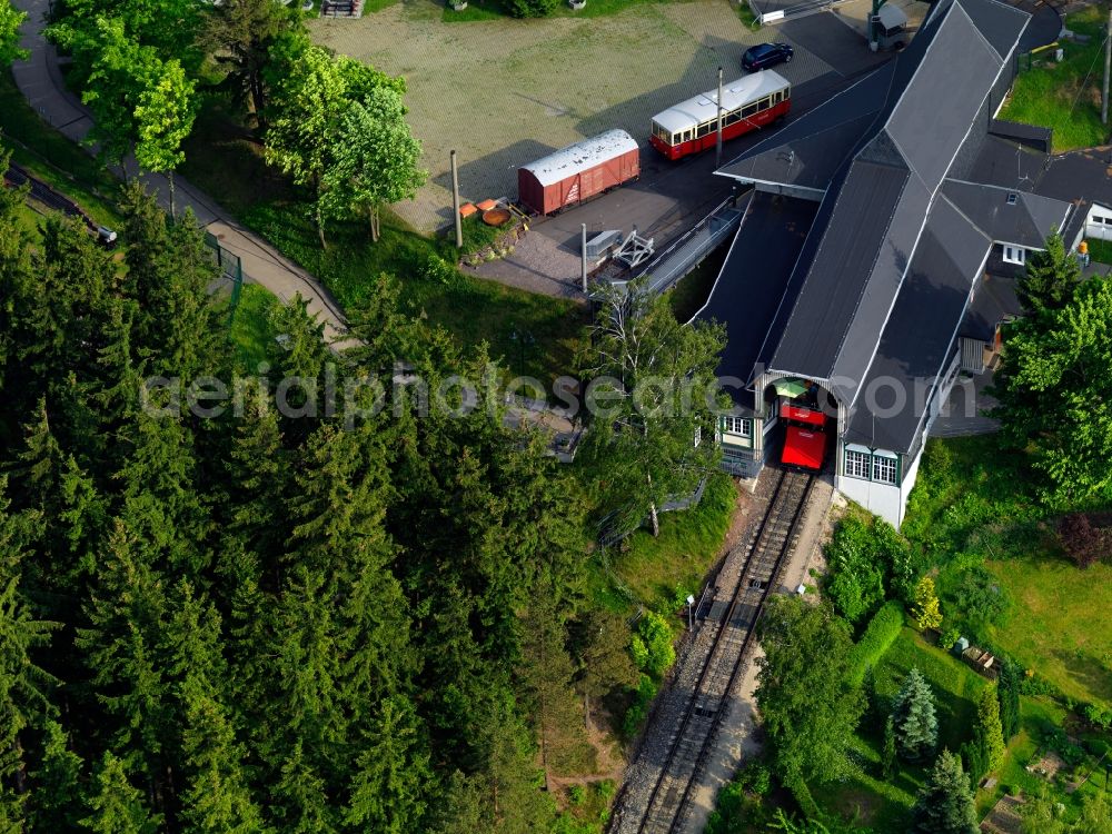 Lichtenhain/Bergbahn from above - Station railway building of the Deutsche Bahn in Lichtenhain/Bergbahn in the state Thuringia, Germany