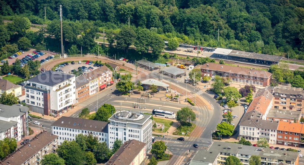 Aerial image Dinslaken - Track and railway station of the German railway next to the circle of a tram Am Bahnhofspl. In Dinslaken in North Rhine-Westphalia - NRW, Germany