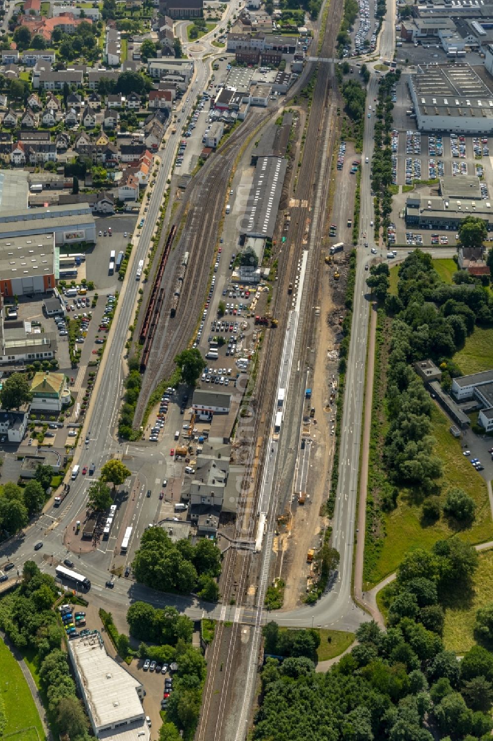 Arnsberg from above - Station railway building of the Deutsche Bahn in Arnsberg in the state North Rhine-Westphalia, Germany