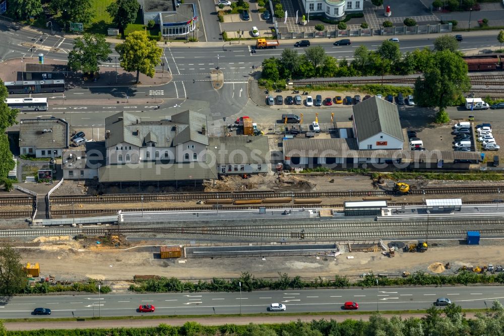 Arnsberg from the bird's eye view: Station railway building of the Deutsche Bahn in Arnsberg in the state North Rhine-Westphalia, Germany