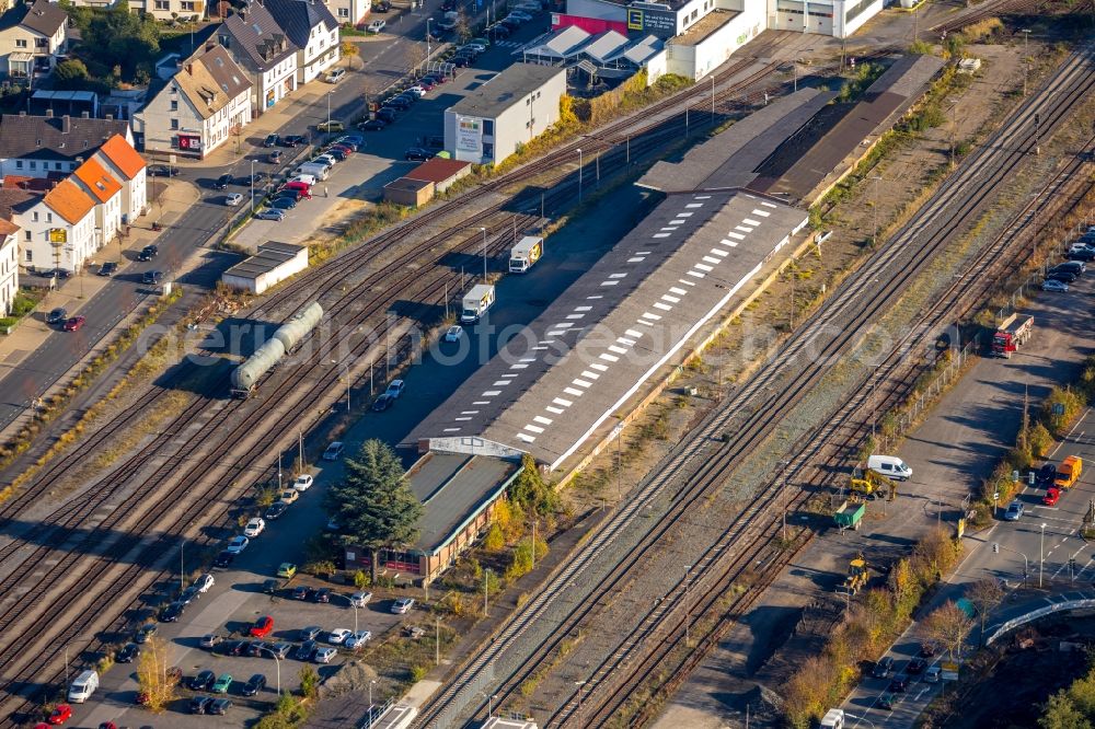 Arnsberg from above - Station railway building of the Deutsche Bahn in Arnsberg in the state North Rhine-Westphalia, Germany