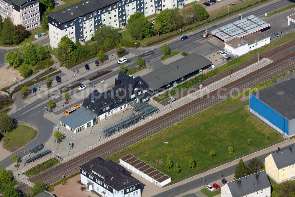 Neuhaus am Rennweg from above - Station railway building of the Deutsche Bahn in Neuhaus am Rennweg in the state Thuringia, Germany