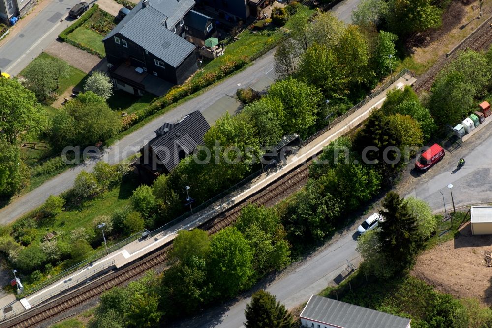 Oberlauscha from above - Station railway building of the Deutsche Bahn in Oberlauscha in the state Thuringia, Germany