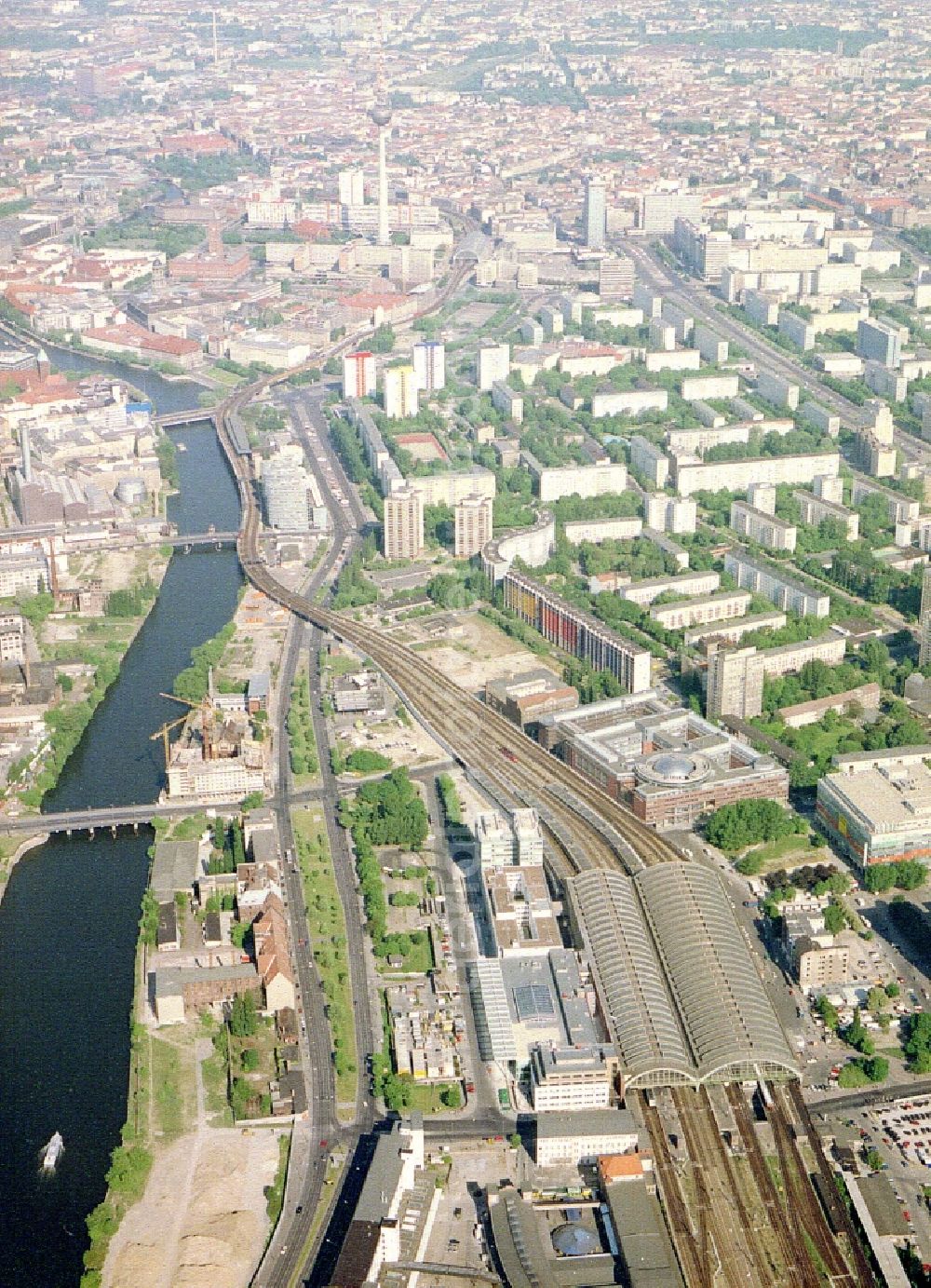 Berlin from above - Station railway building of the Deutsche Bahn in the district Friedrichshain in Berlin, Germany