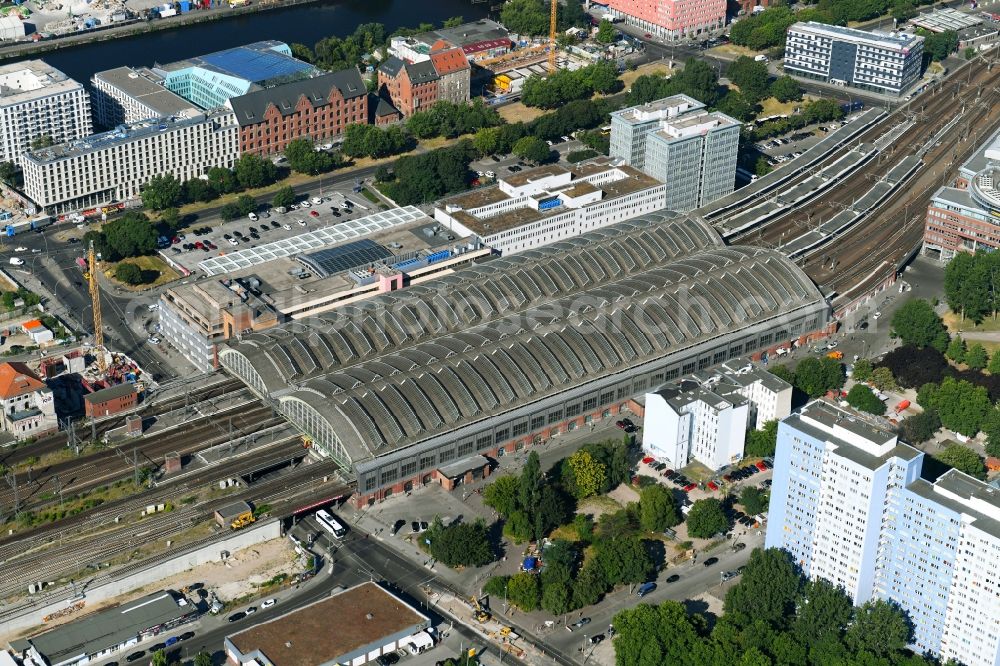 Berlin from above - Station railway building of the Deutsche Bahn in the district Friedrichshain in Berlin, Germany