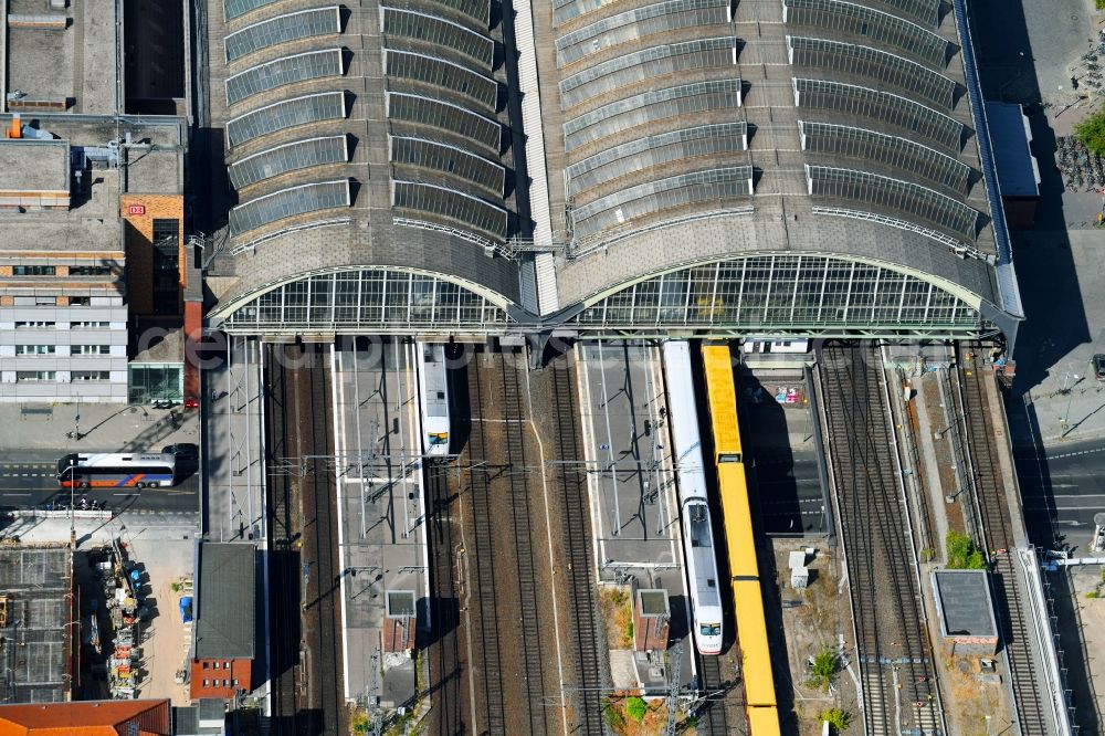 Berlin from above - Station railway building of the Deutsche Bahn in the district Friedrichshain in Berlin, Germany