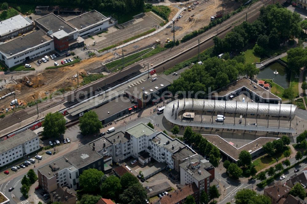 Recklinghausen from above - Station railway building of the Deutsche Bahn in Recklinghausen in the state North Rhine-Westphalia, Germany