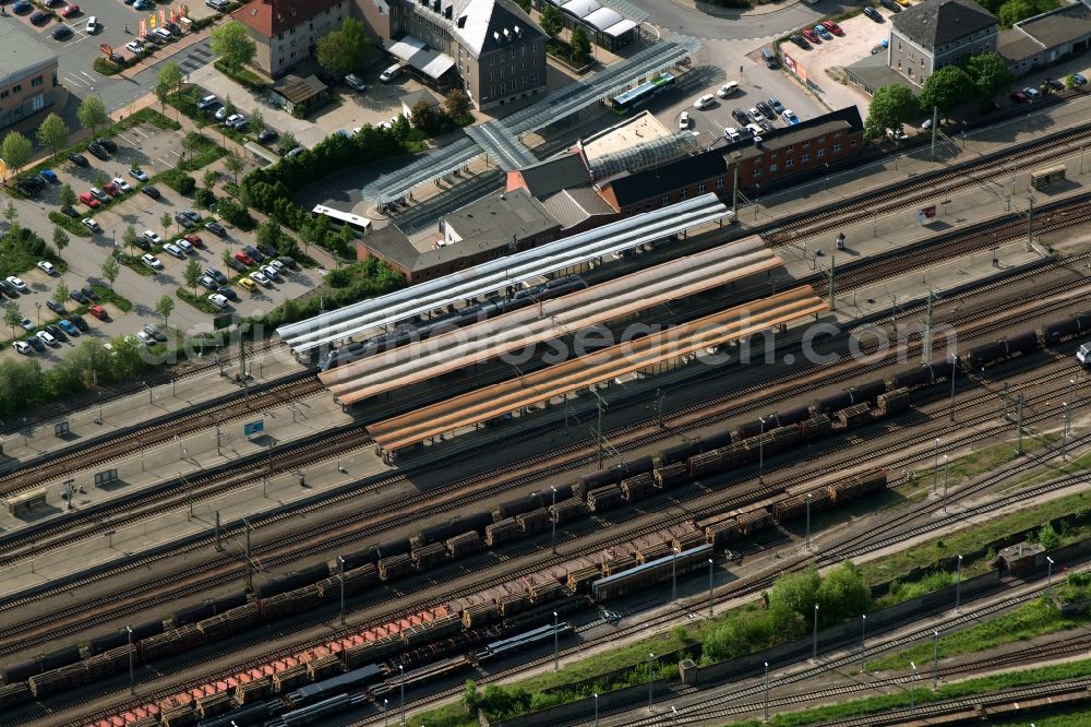 Saalfeld/Saale from above - Station railway building of the Deutsche Bahn in Saalfeld/Saale in the state Thuringia, Germany